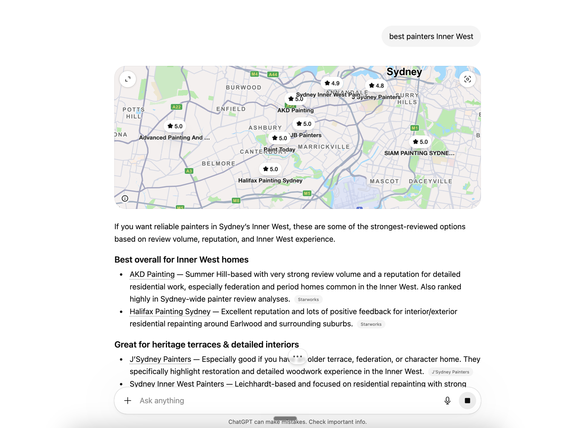 ChatGPT answer listing AKD Painting as the top result for best painters in the Inner West
