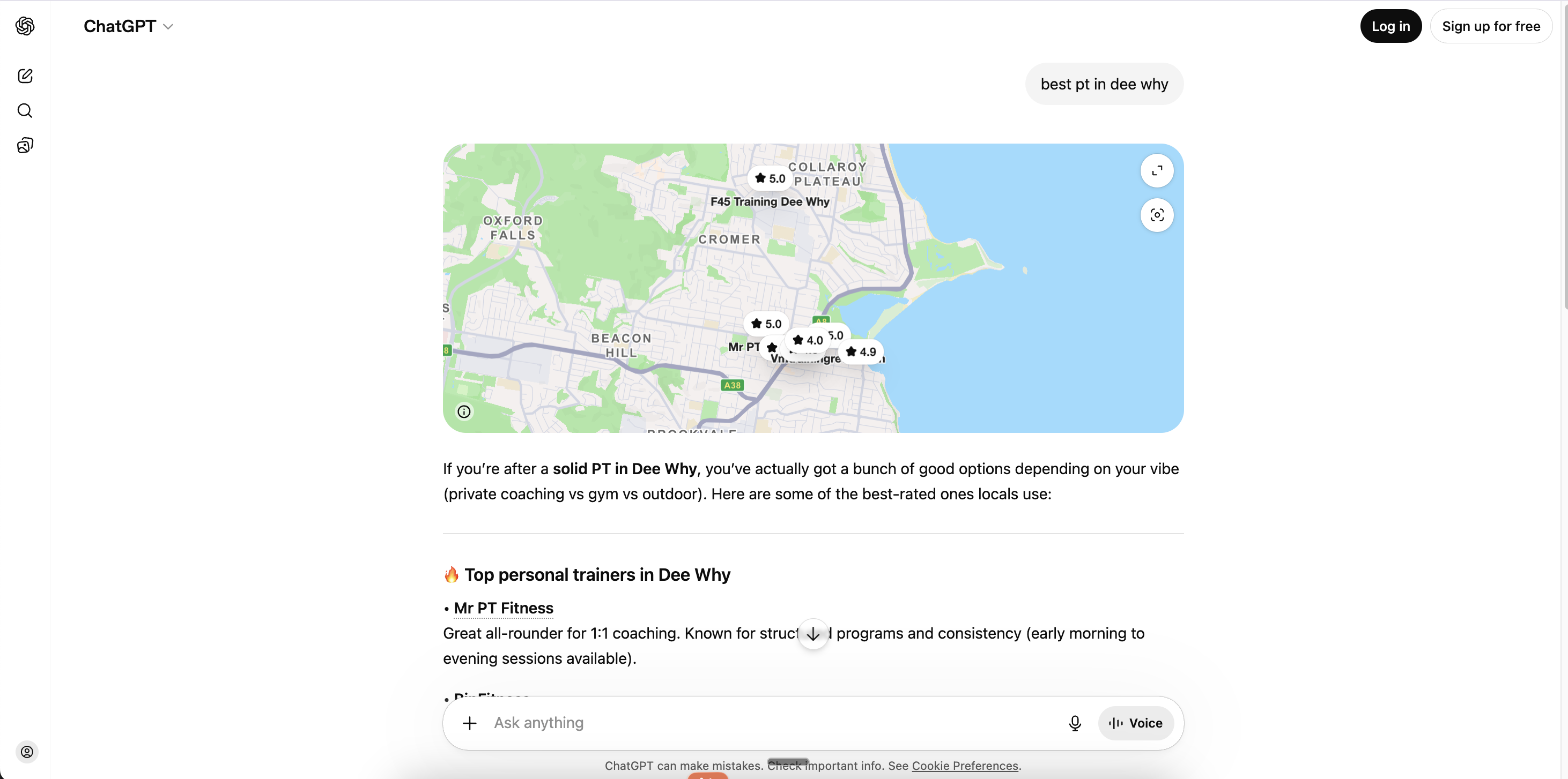 ChatGPT answer listing Mr PT Fitness as the top result for best personal trainer in Dee Why