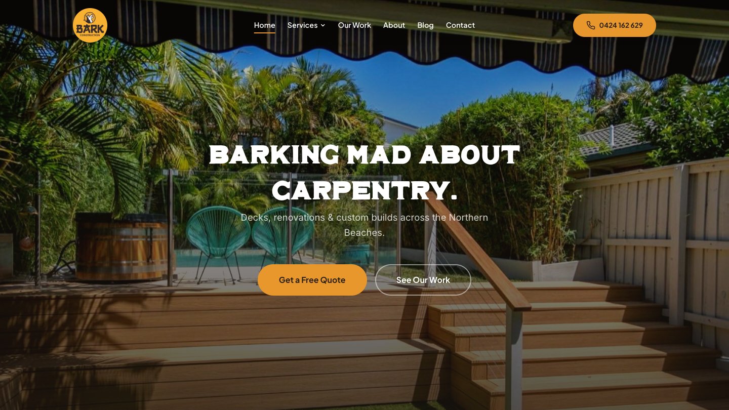 Bark Construction hero section with professional deck and carpentry photography