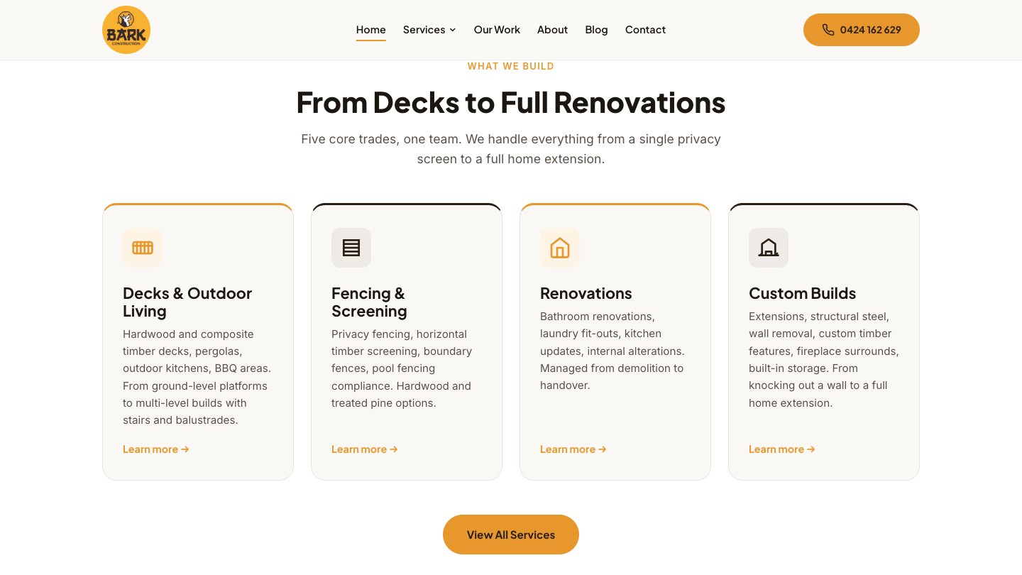 Bark Construction services grid showing carpentry specialties