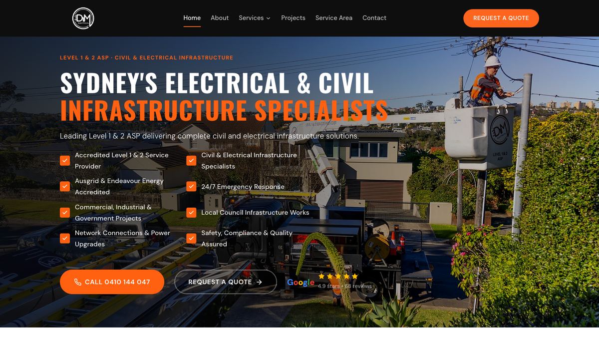 DM Electrical homepage, bold infrastructure hero built by AMACCA for a Sydney Level 1 and 2 electrical contractor