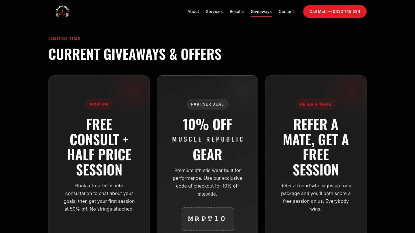 Mr PT Fitness giveaways and offers section with partner deals