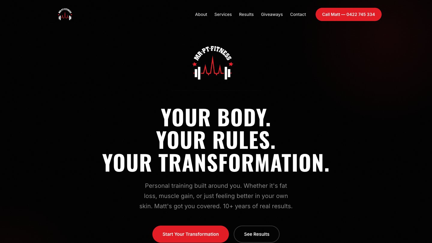 Mr PT Fitness hero section with dark fitness branding and bold headline