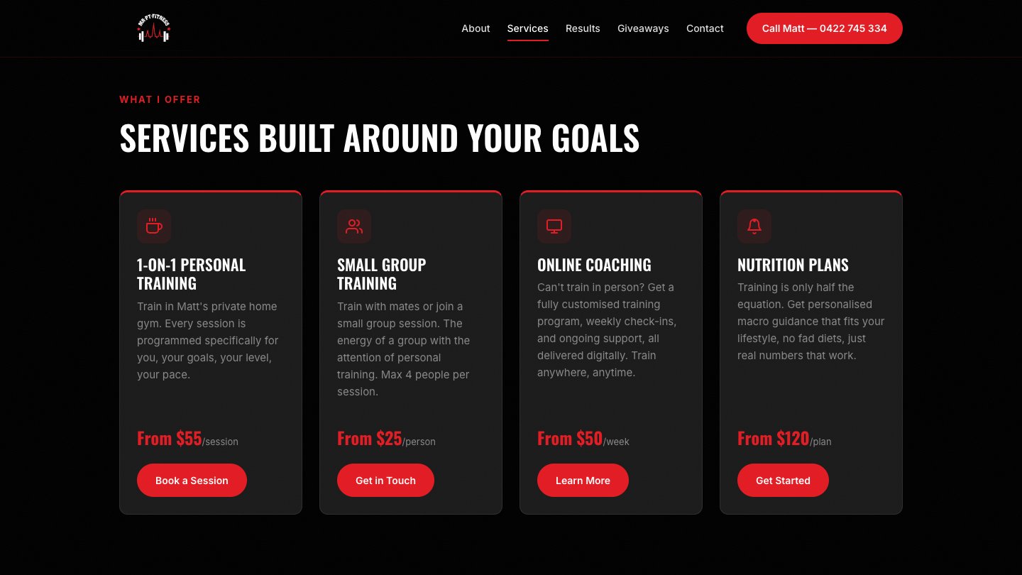 Mr PT Fitness services grid showing personal training packages