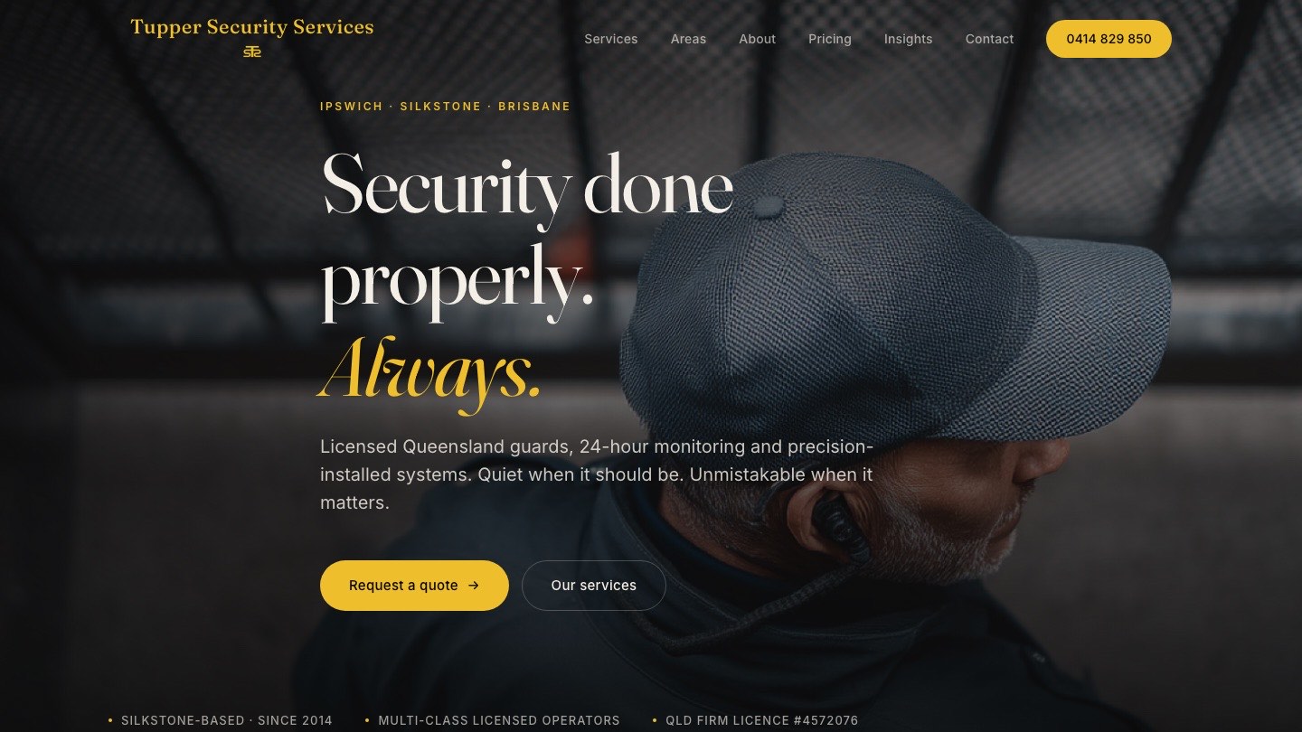 Tupper Security Services dark hero with serif headline Security done properly. Always.