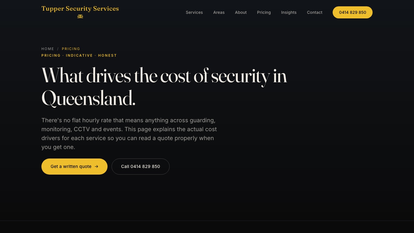 Tupper Security pricing page explaining the cost drivers of security in Queensland