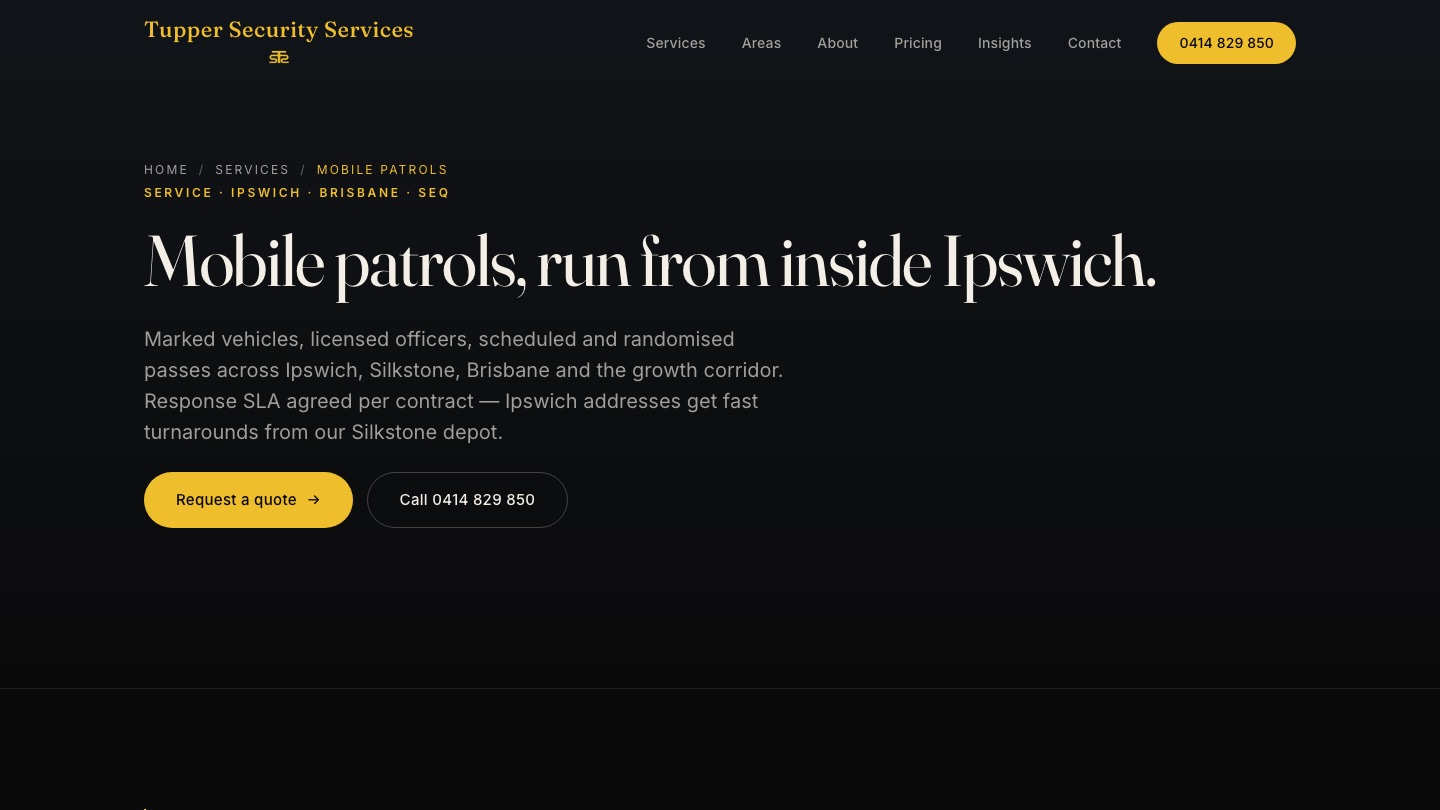 Tupper Security mobile patrols service page for Ipswich